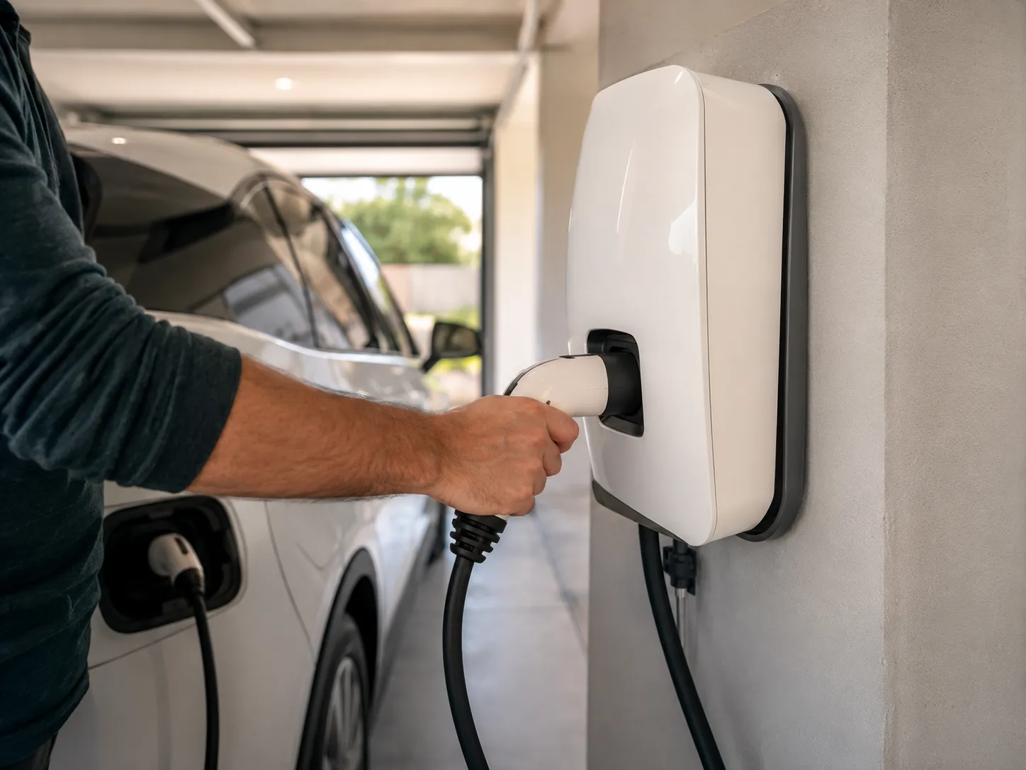 A home EV charging station being installed on a garage wall
