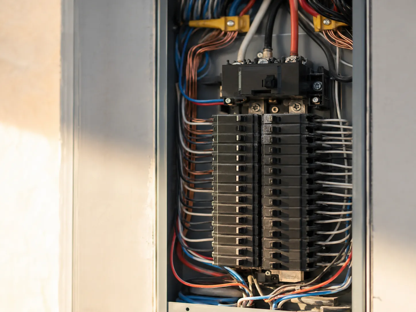 A neatly upgraded residential electrical panel with organized, labeled wiring