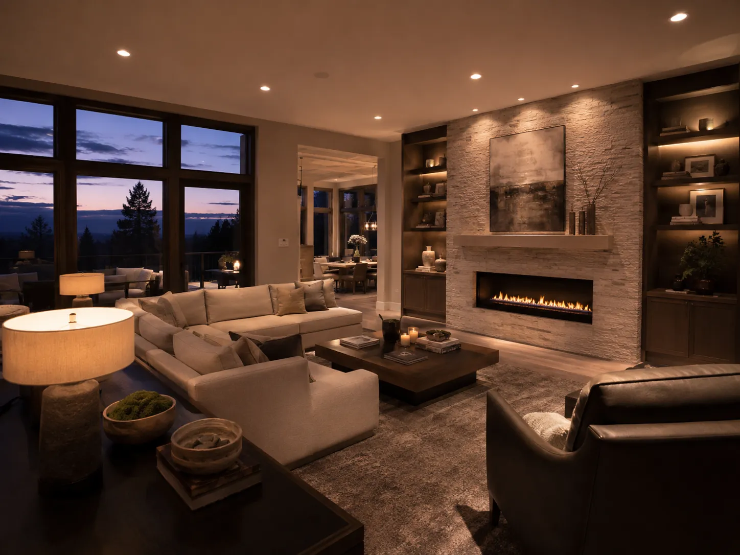A modern living room lit with warm recessed ceiling lighting